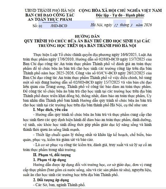 Dự thảo hướng dẫn Quy trình tổ chức bữa ăn bán trú
