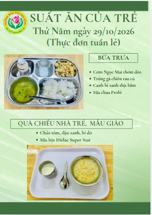 Công khai suất ăn của trẻ ngày 29/10/2026